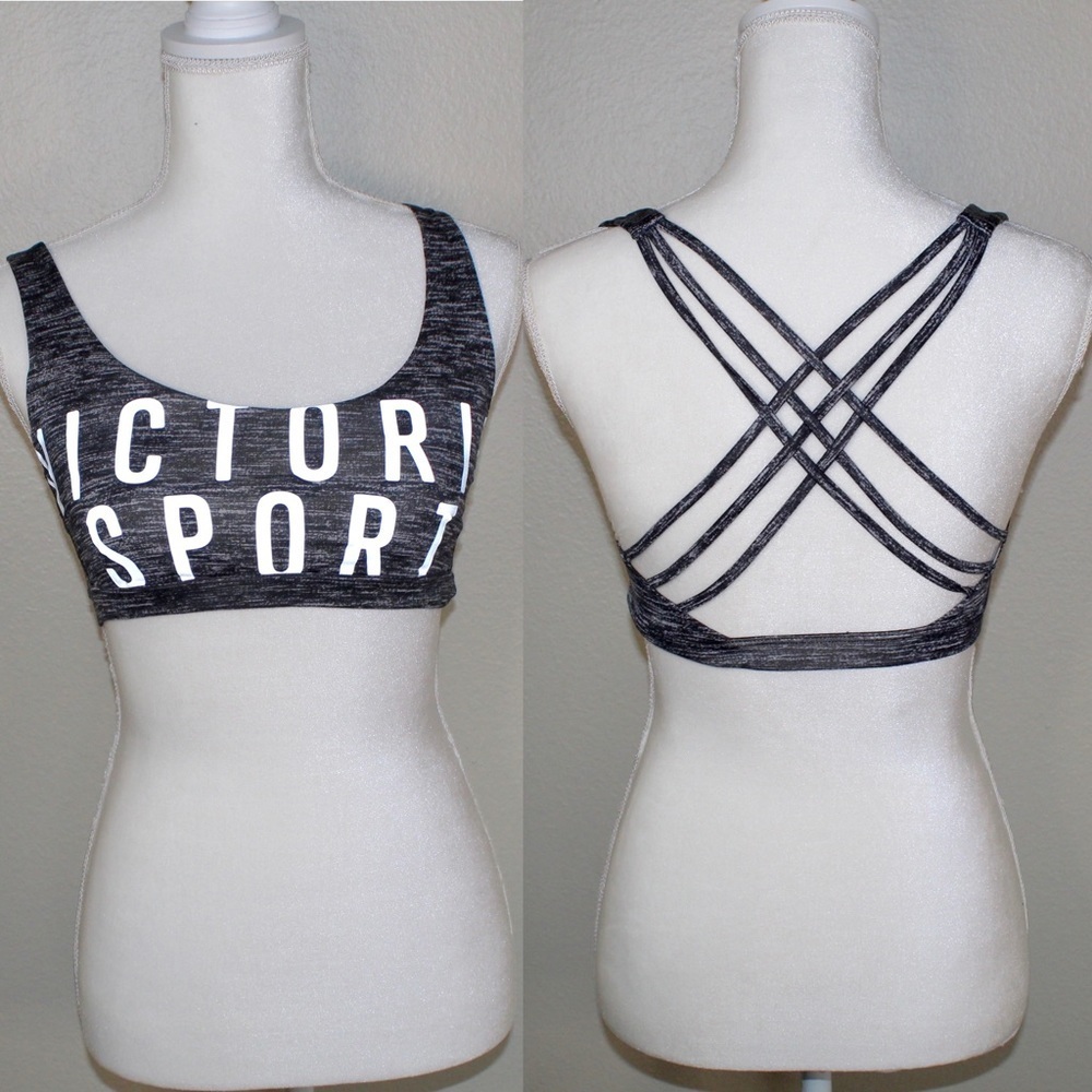 Victoria Secret Sports Bra Cross Back Grey W/ White Reflective Wording - XS